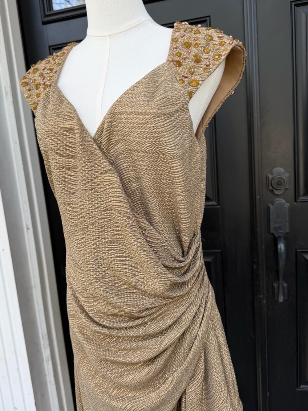 Maggy London Gold Draped Cocktail Dress with Beaded Shoulders Women’s 14 - Picture 3 of 6
